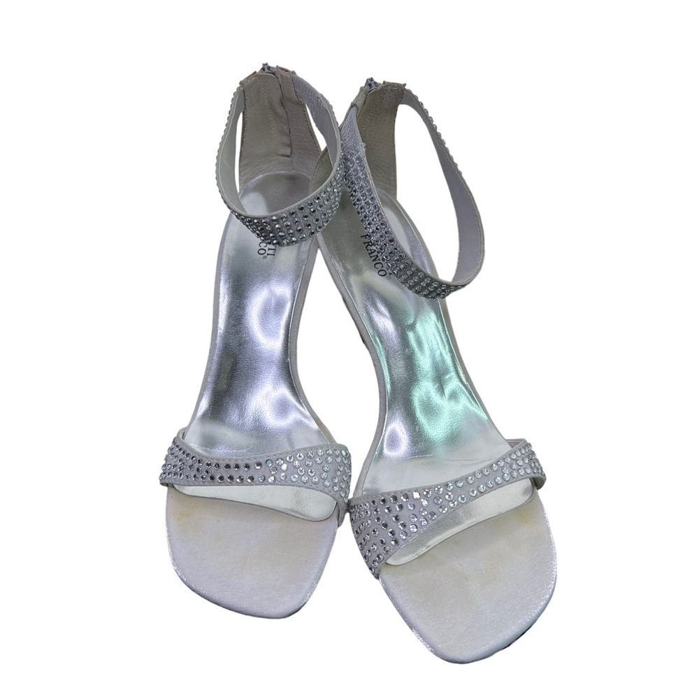 Valenti Franco metallic silver with rhinestones ankle strap heels. Size: 8 Med.